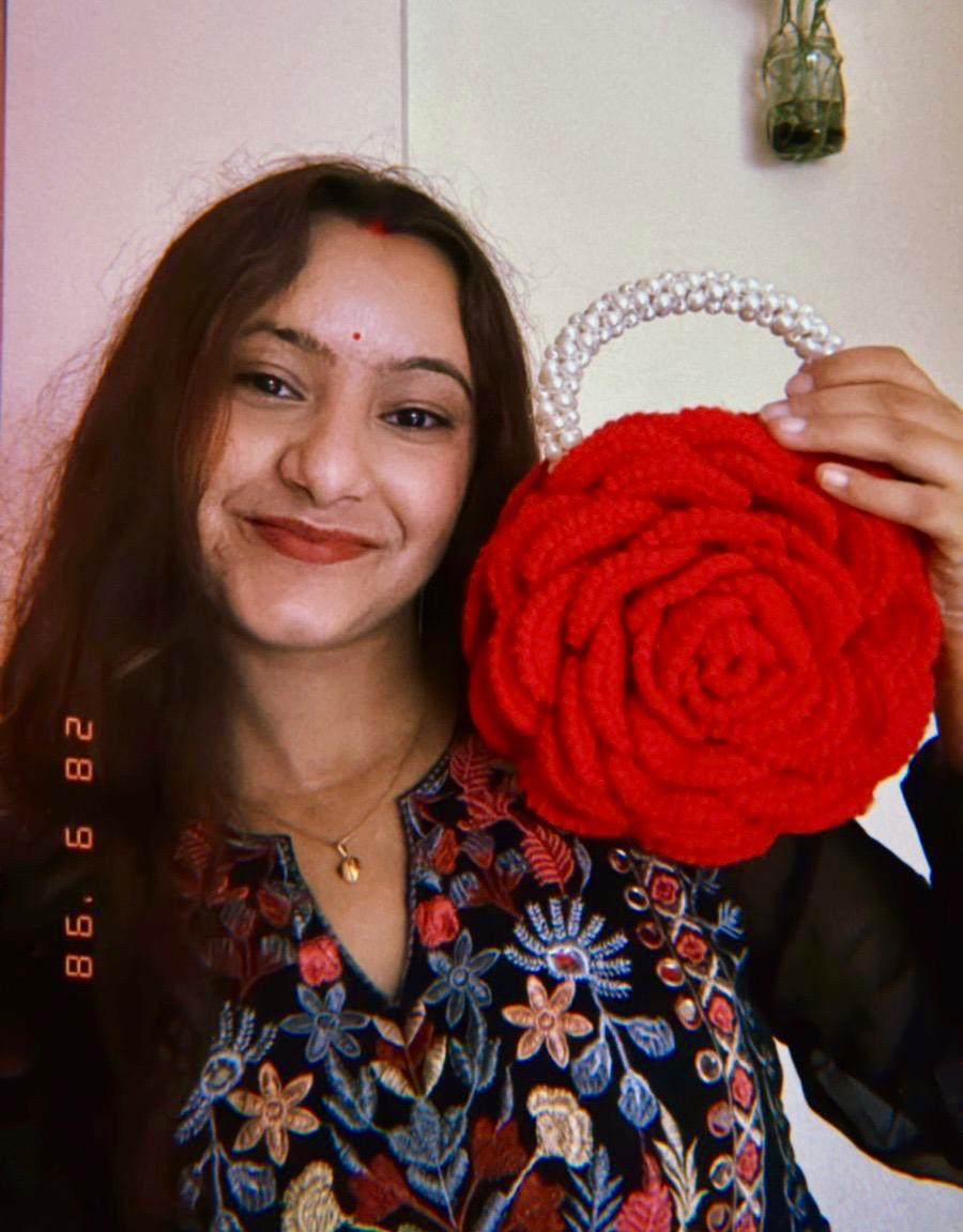 Handmade Crochet Rose Bag with Pearl Handle
