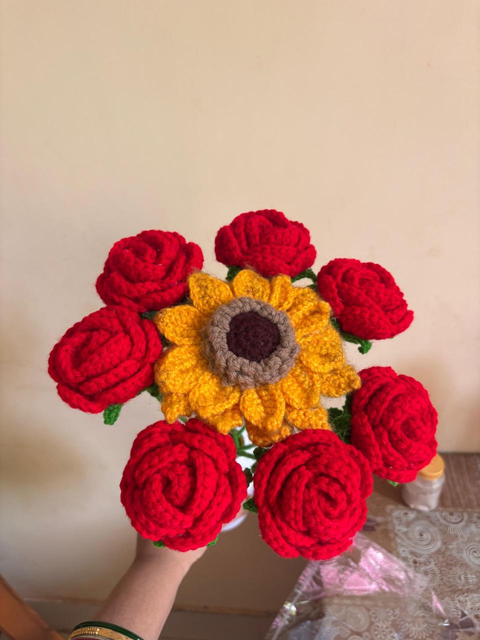 Handcrafted Crochet Flower Bouquet – Sunflower & Roses