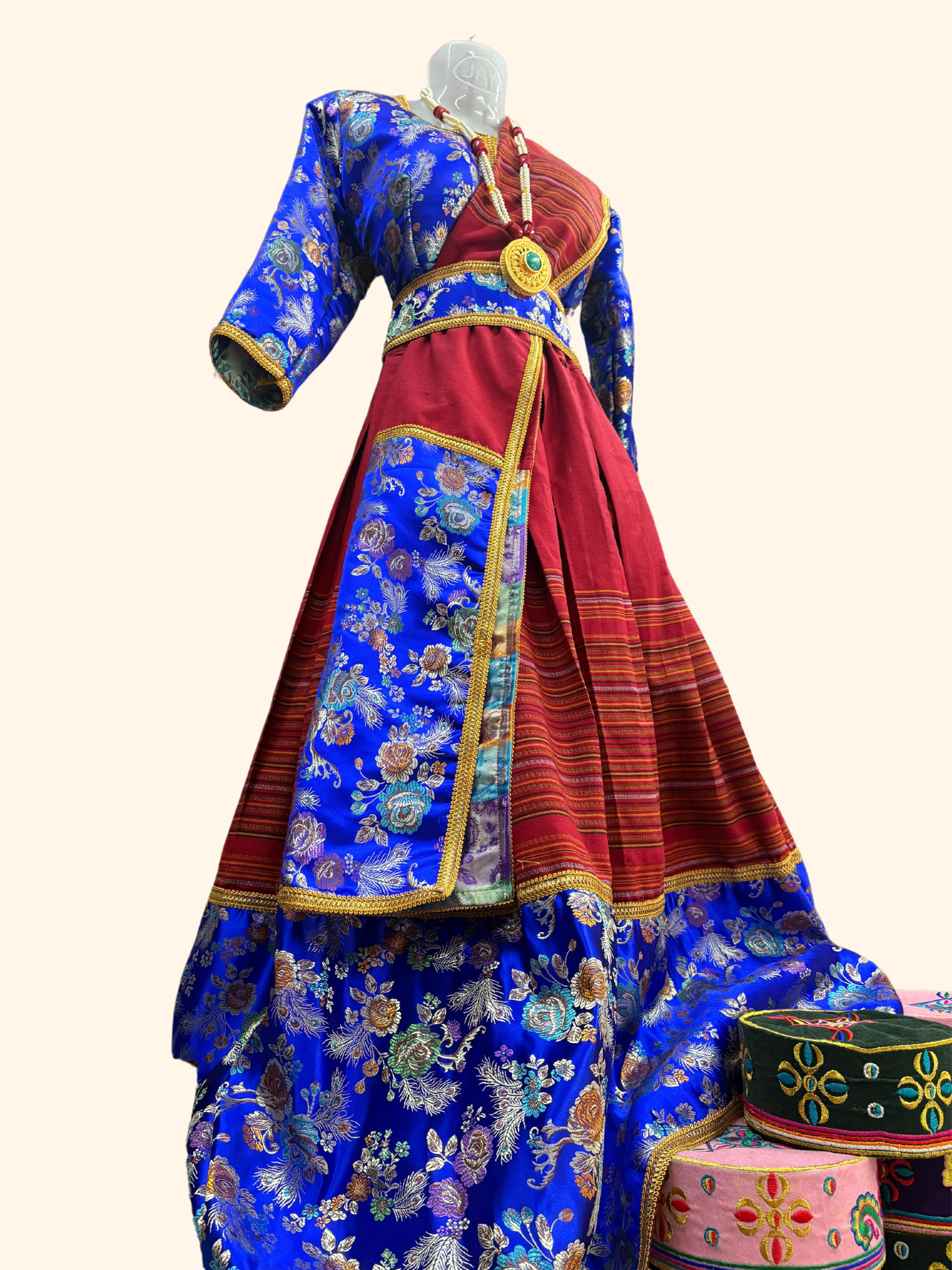 Traditional Nepali Women's Tamang Attire – Elegant Red & Blue Ensemble