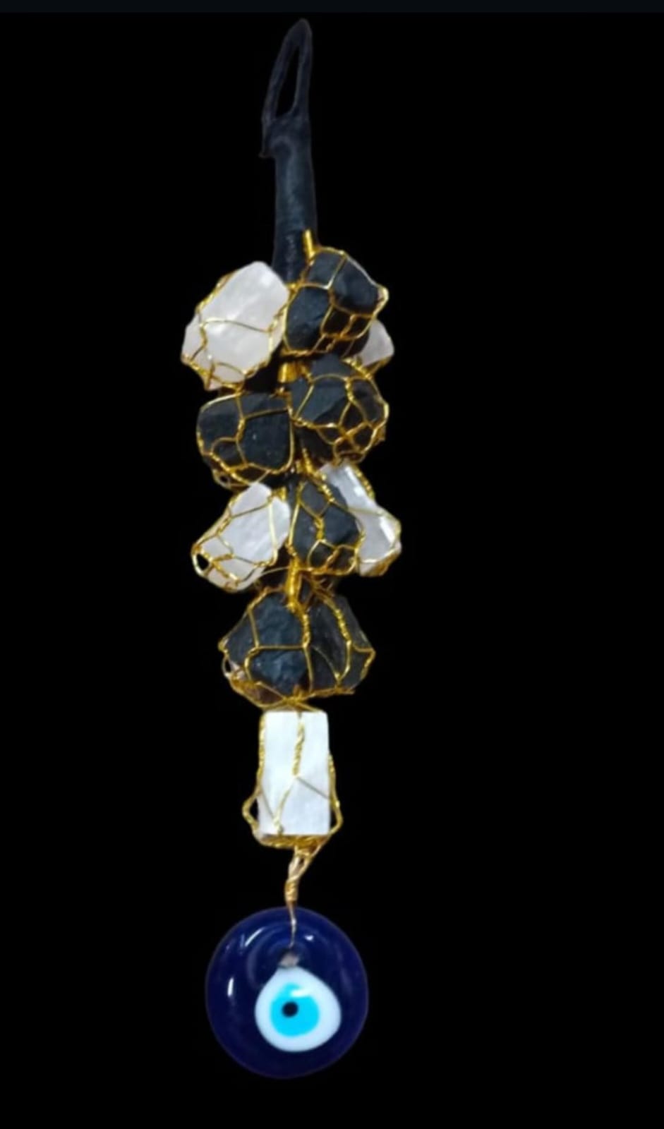 Black Tourmaline with Selenite Car Hanging / Door Hanging Raw Stones with evil eye