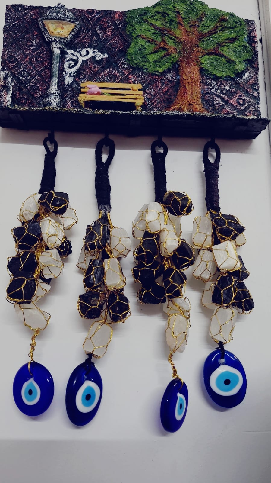 Black Tourmaline with Selenite Car Hanging / Door Hanging Raw Stones with evil eye