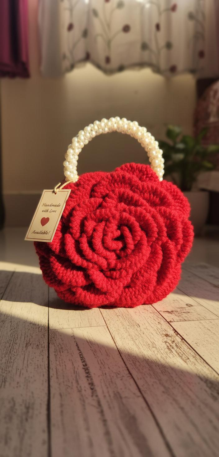 Handmade Crochet Rose Bag with Pearl Handle